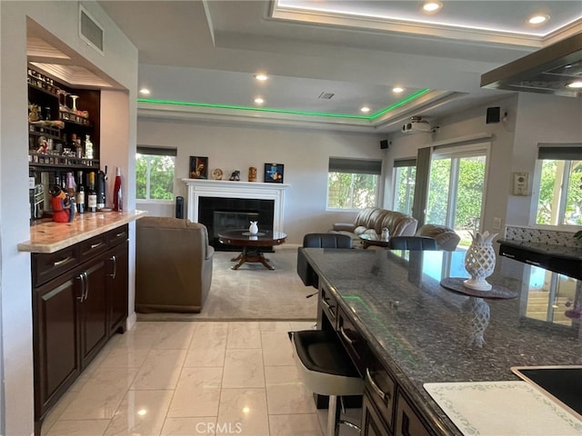 kitchen with dark brown cabinets, a tray ceiling, a tile fireplace, and a wealth of natural light