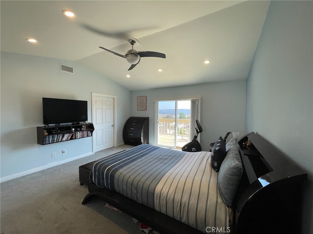 carpeted bedroom with ceiling fan, recessed lighting, visible vents, baseboards, and vaulted ceiling