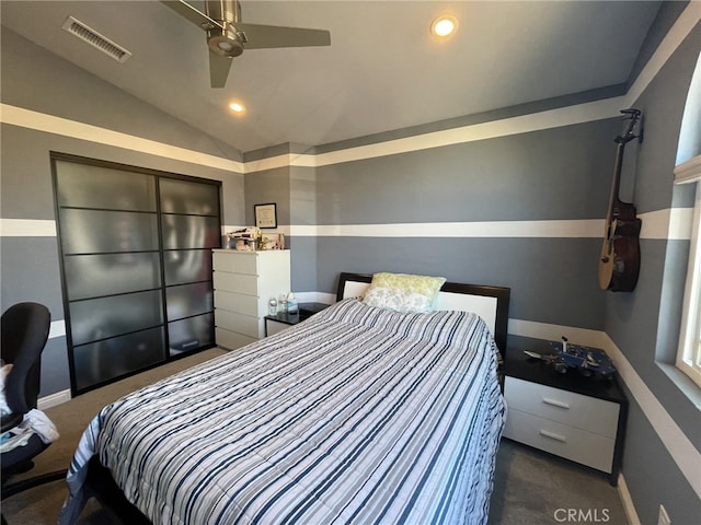 bedroom featuring visible vents, a ceiling fan, vaulted ceiling, carpet floors, and recessed lighting