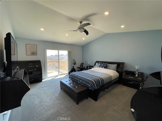 bedroom featuring light carpet, a ceiling fan, access to exterior, vaulted ceiling, and recessed lighting