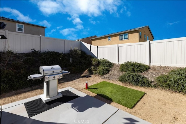 view of yard with a patio area and a fenced backyard