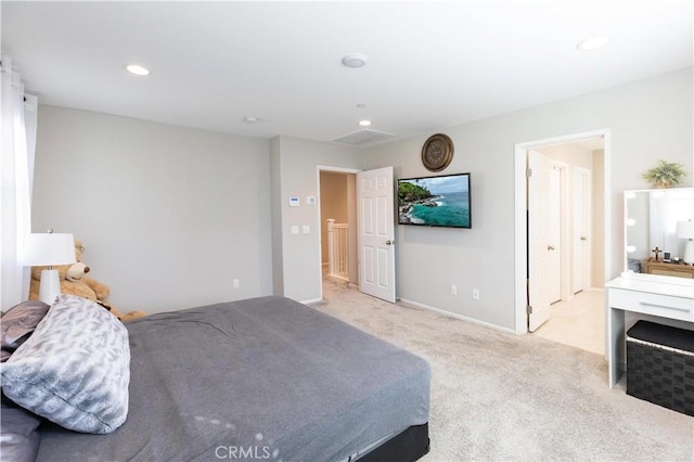 bedroom with baseboards, carpet flooring, and recessed lighting