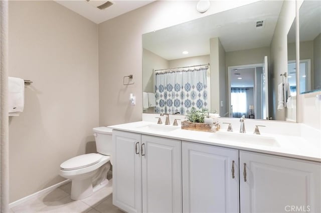 full bathroom featuring toilet, tile patterned flooring, a sink, and visible vents