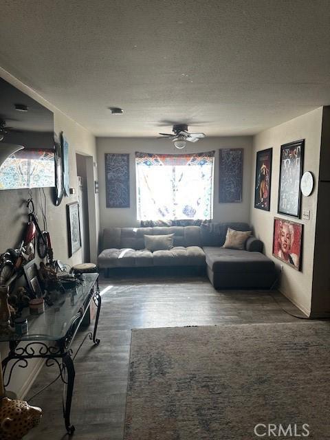 living room featuring a ceiling fan, wood finished floors, and a textured ceiling