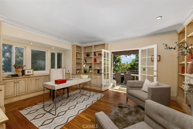 sitting room featuring recessed lighting, ornamental molding, wood finished floors, and french doors