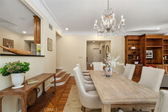 dining room featuring baseboards, ornamental molding, visible vents, and recessed lighting