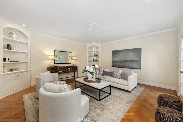 living room featuring baseboards, built in features, and crown molding