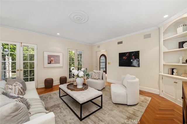 living area with built in features, baseboards, ornamental molding, french doors, and recessed lighting