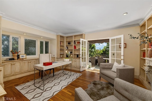 living area with ornamental molding, recessed lighting, french doors, and wood finished floors