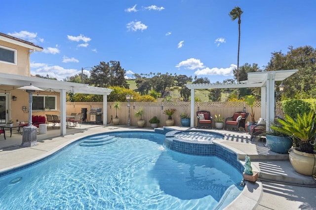 view of swimming pool featuring a pool with connected hot tub, a pergola, a fenced backyard, grilling area, and a patio area