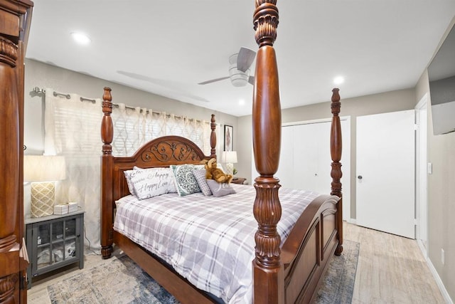 bedroom with recessed lighting, a ceiling fan, and wood finished floors