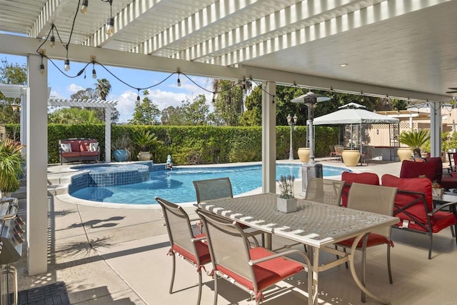 view of patio with outdoor dining space, a pool with connected hot tub, a pergola, a fenced backyard, and a gazebo