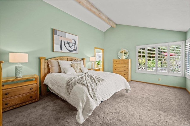 bedroom with vaulted ceiling with beams, baseboards, and carpet floors