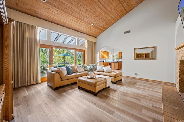 living area featuring visible vents, arched walkways, wood ceiling, light wood-type flooring, and high vaulted ceiling