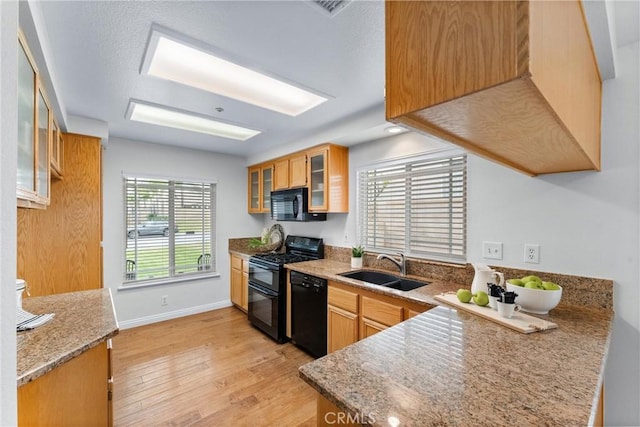 kitchen featuring baseboards, glass insert cabinets, light wood-type flooring, black appliances, and a sink