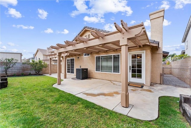 back of property featuring a fenced backyard, a yard, central air condition unit, a pergola, and stucco siding