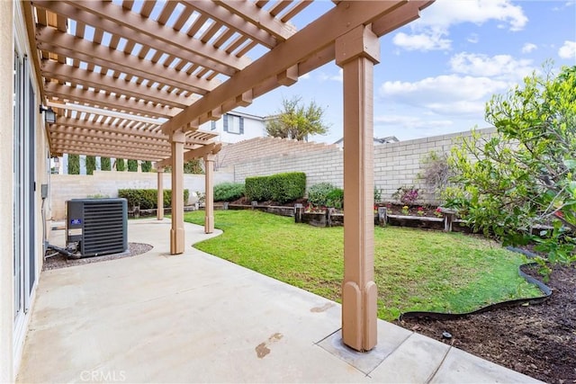 view of patio featuring central air condition unit, a fenced backyard, and a pergola