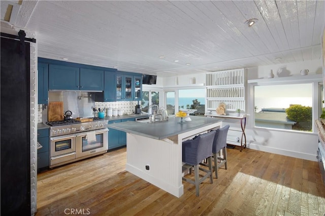 kitchen with range with two ovens, light wood-type flooring, glass insert cabinets, and blue cabinets