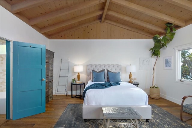 bedroom featuring vaulted ceiling with beams, wooden ceiling, baseboards, and wood finished floors