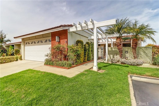 view of front facade featuring a garage, brick siding, a tile roof, concrete driveway, and a front yard