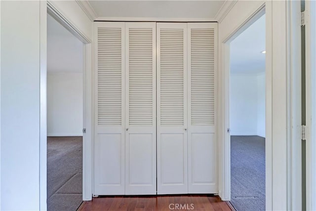 hallway featuring dark carpet and crown molding