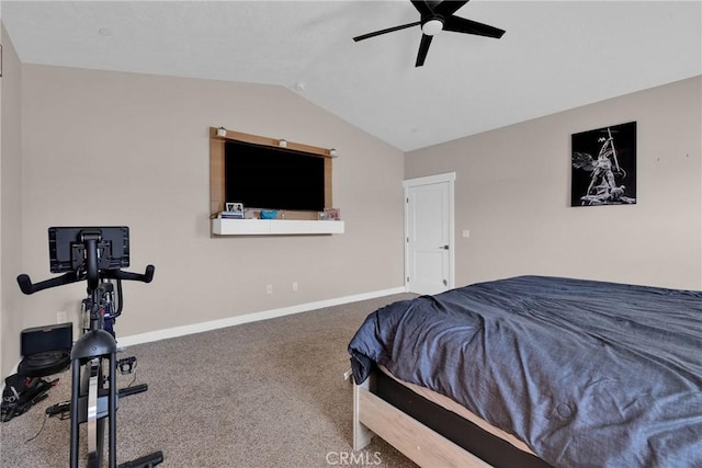 carpeted bedroom with lofted ceiling, baseboards, and a ceiling fan