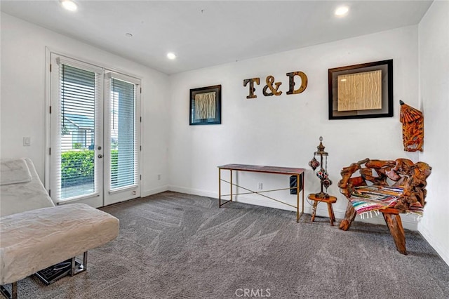 sitting room featuring carpet, baseboards, french doors, and recessed lighting