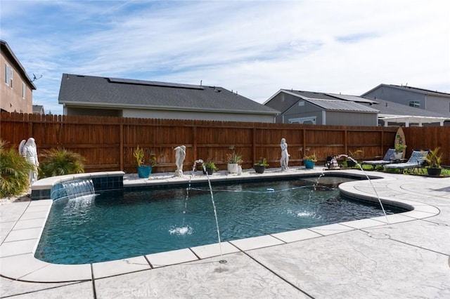 view of pool featuring a fenced backyard, a fenced in pool, and a patio