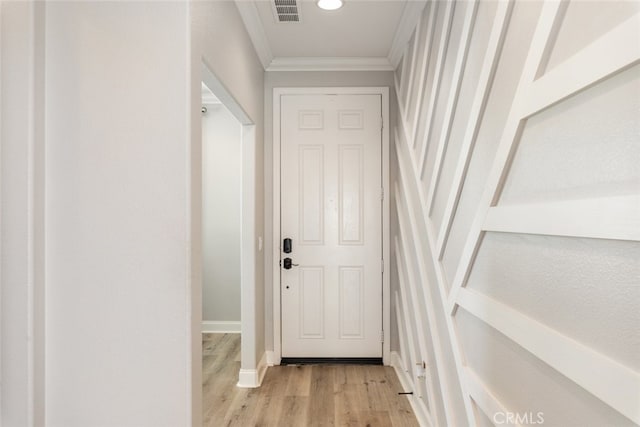 25499 Foxglove Ln, Corona, CA 92883 - doorway to outside with recessed lighting, visible vents, ornamental molding, baseboards, and light wood-style flooring