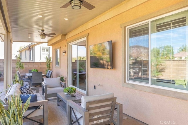 25499 Foxglove Ln, Corona, CA 92883 - view of patio with outdoor dining space, fence, ceiling fan, and an outdoor living space