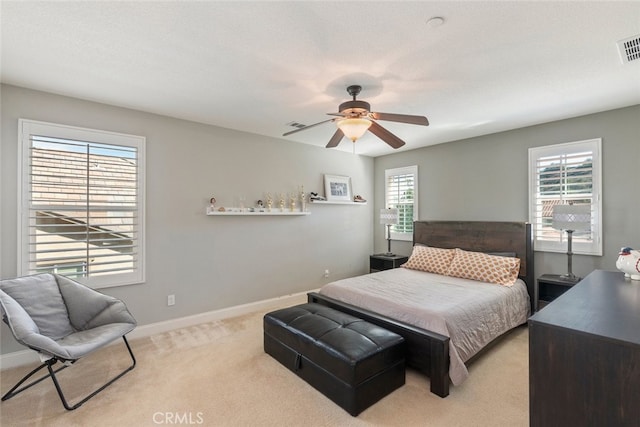 25499 Foxglove Ln, Corona, CA 92883 - bedroom featuring light carpet, a ceiling fan, visible vents, and baseboards