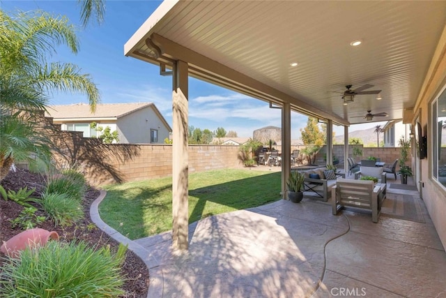 25499 Foxglove Ln, Corona, CA 92883 - view of patio / terrace featuring an outdoor hangout area, a ceiling fan, and a fenced backyard