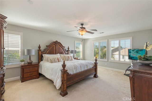 25499 Foxglove Ln, Corona, CA 92883 - bedroom with baseboards, a ceiling fan, visible vents, and light colored carpet