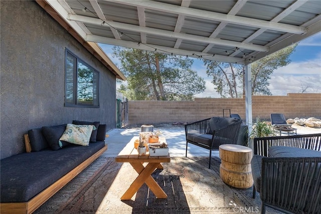 view of patio / terrace featuring a fenced backyard and an outdoor hangout area