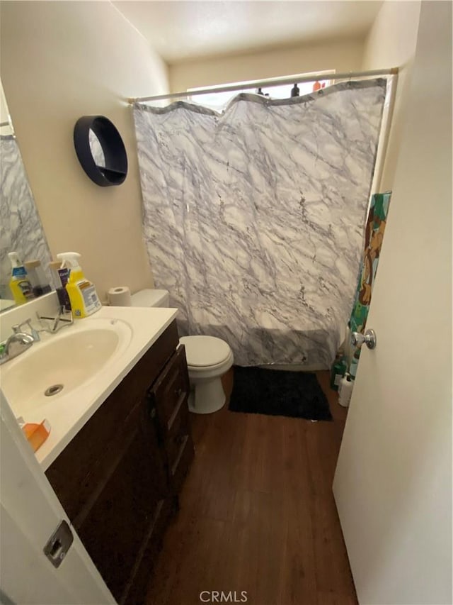 bathroom featuring vanity, wood finished floors, and toilet