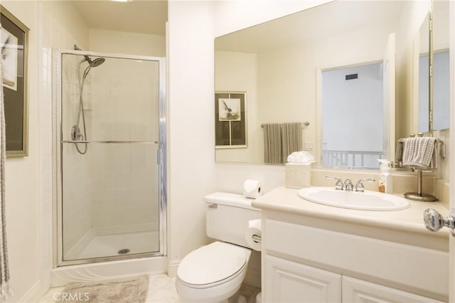 full bath with visible vents, a shower stall, toilet, and vanity