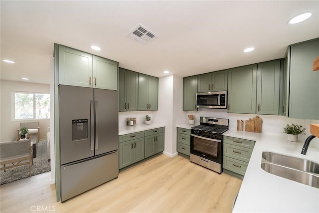 kitchen with a sink, visible vents, green cabinets, light countertops, and appliances with stainless steel finishes