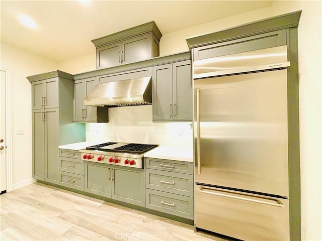 kitchen with wall chimney exhaust hood, gray cabinets, stainless steel appliances, and light countertops