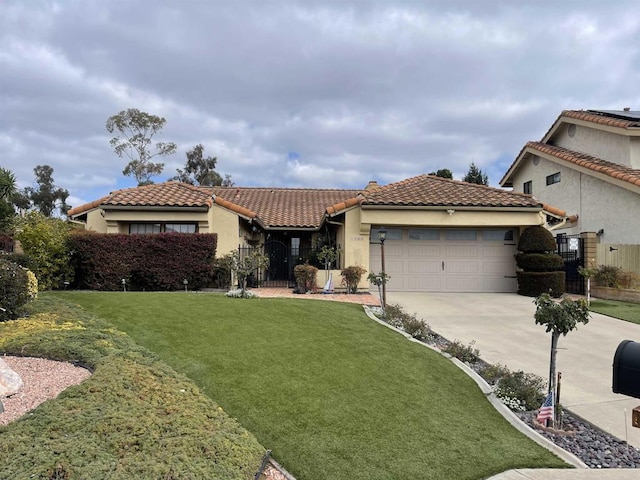 view of front of house featuring a garage, a tile roof, fence, driveway, and a front lawn