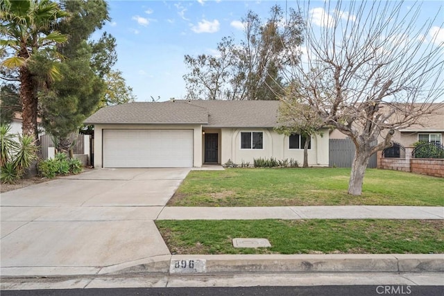 single story home featuring stucco siding, driveway, fence, a front yard, and a garage