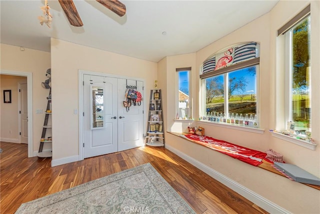 foyer entrance featuring ceiling fan, wood finished floors, and baseboards