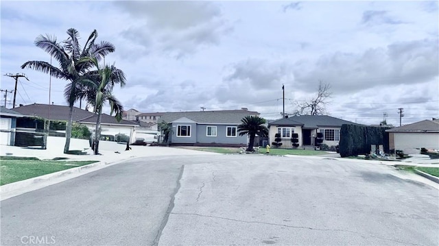 view of street with a residential view and curbs