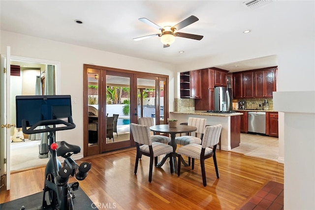 4816 Atoll Ave, Sherman Oaks, CA 91423 - dining room featuring ceiling fan, light wood finished floors, french doors, and recessed lighting