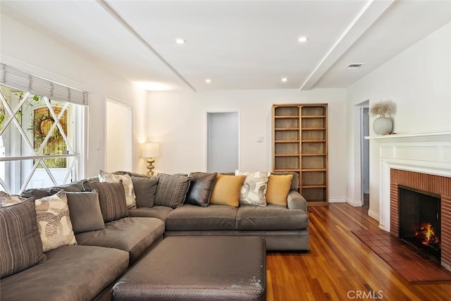 4816 Atoll Ave, Sherman Oaks, CA 91423 - living area featuring wood finished floors, a fireplace, recessed lighting, and beamed ceiling