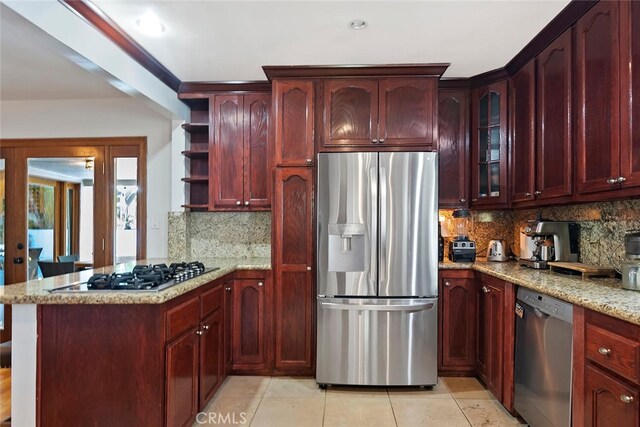 4816 Atoll Ave, Sherman Oaks, CA 91423 - kitchen with stainless steel appliances, dark brown cabinets, a peninsula, and open shelves