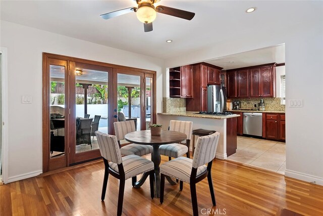 4816 Atoll Ave, Sherman Oaks, CA 91423 - dining space featuring french doors, ceiling fan, light wood-style flooring, and recessed lighting
