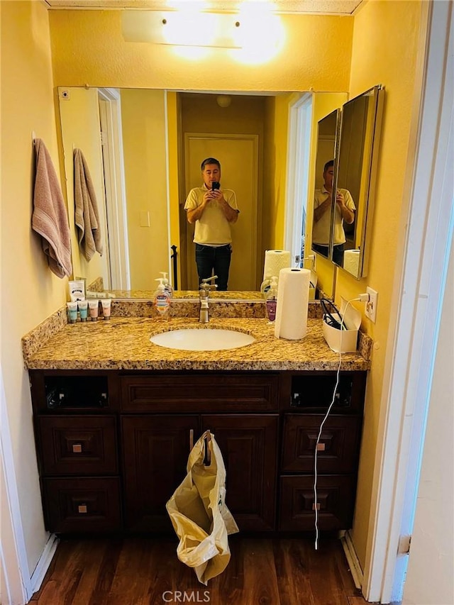 bathroom with wood finished floors, vanity, and baseboards