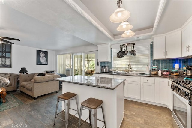 kitchen featuring stainless steel gas stove, white cabinets, a raised ceiling, open floor plan, and a sink