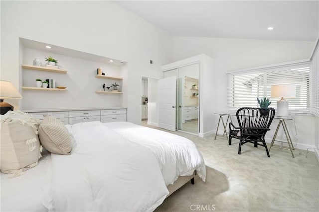 bedroom with high vaulted ceiling, recessed lighting, light carpet, and baseboards