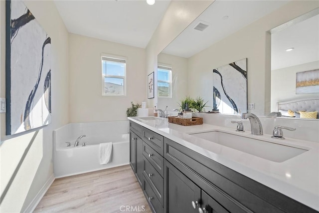 bathroom featuring double vanity, wood finished floors, a sink, and a bath